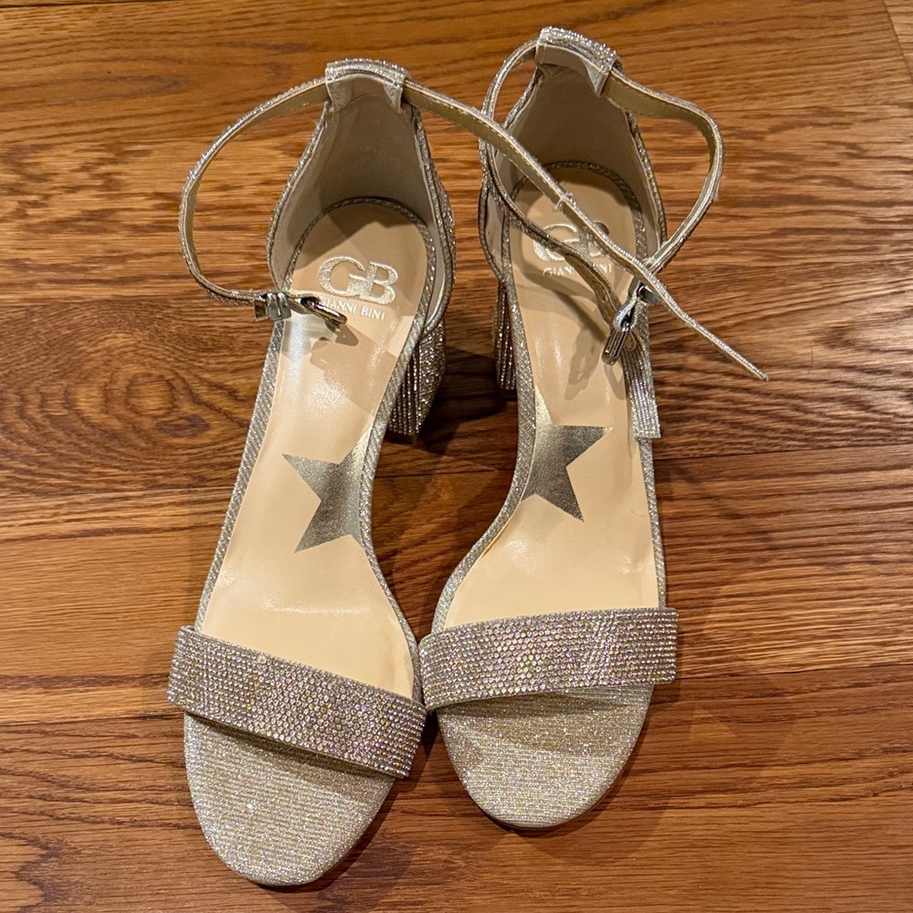 Gianni Bini Bling Out Sand Gold Silver Ankle Strap Heels, Size 10